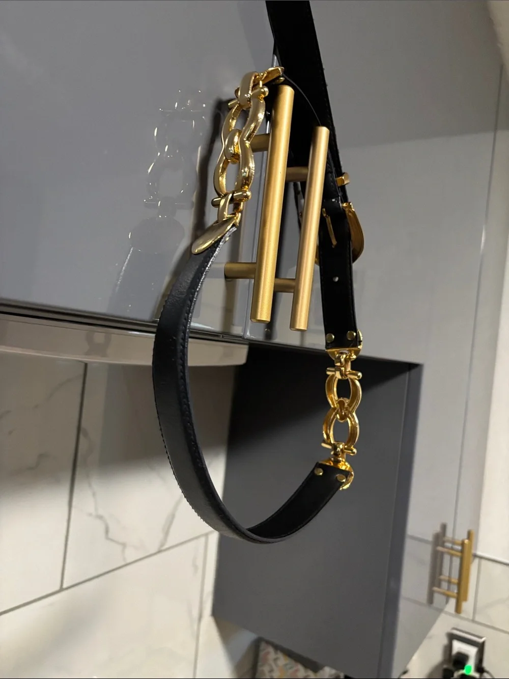 Louis Vuitton Black Leather Belt with Gold Chain Accents - comes with some rubs